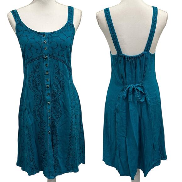 Vintage Boho Teal Embroidered Button Front Sleeveless Dress Mermaid Fairy Witchy - Picture 1 of 8